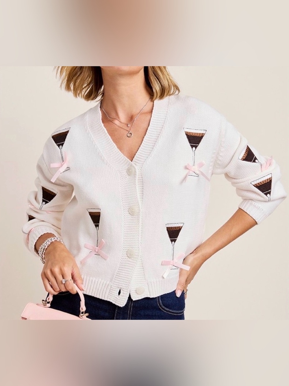 Women’s White Cardigan Sweater with Pink Bow & Espresso Martini Motif